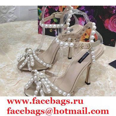Dolce & Gabbana Heel 10.5cm Satin Sandals Beige with Pearl Application 2021 - Click Image to Close
